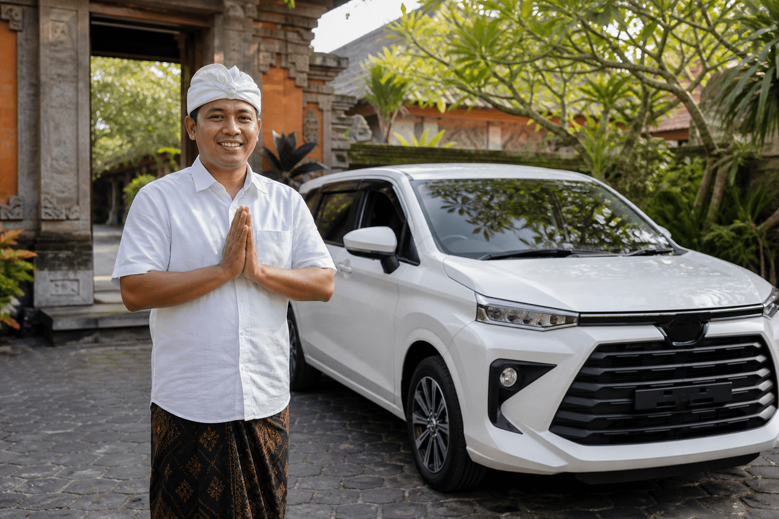 Driver lokal Bali menyambut tamu di samping MPV putih