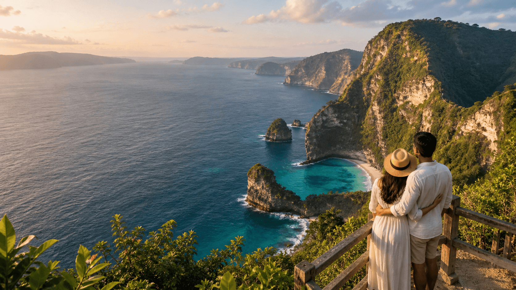 Pasangan menikmati panorama tebing dan laut biru Nusa Penida, Bali